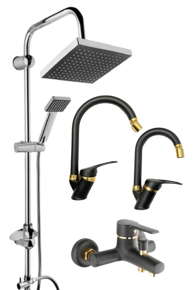 ESORA Krom Siyah Robot Duş Seti , Siyah Gold Oynar Uçlu Eviye , Lavabo , Banyo Bataryası 4’lü Set ürün görseli