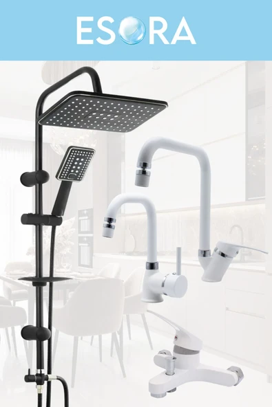 ESORA Siyah Robot Duş Seti , Beyaz Köşe Borulu Eviye , Lavabo , Banyo Bataryası 4’lü Set