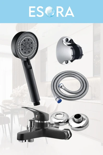 ESORA SİYAH BANYO BATARYASI DUŞ BAŞLIĞI HORTUMU VE MAFSALI SET