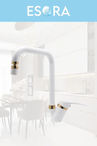 ESORA Dubai Krom Robot Duş Seti , Beyaz Gold Köşe Borulu Eviye , Lavabo , Banyo Bataryası 4’lü Set - Resim 4