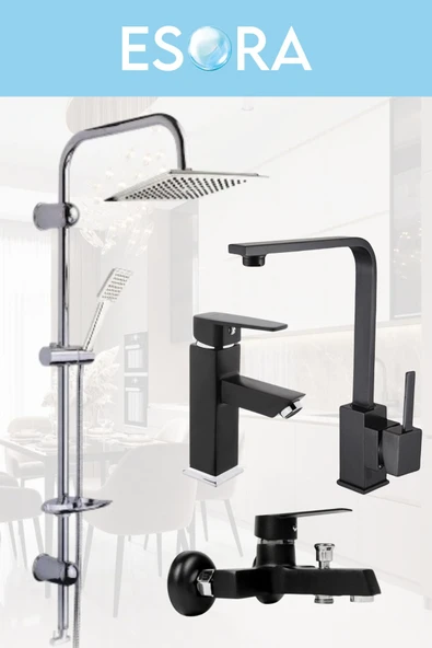ESORA Dubai Krom Robot Duş Seti , Siyah Lüx Kare Eviye , Sabit Lavabo , Banyo Bataryası 4’lü Set - Resim 2