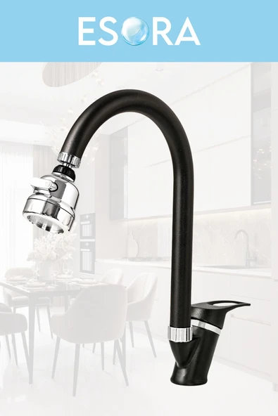 ESORA Siyah Robot Duş Seti Baston Borulu Oynar Başlıklı Eviye, Lavabo ve Banyo Bataryası 4lü Set - Resim 3