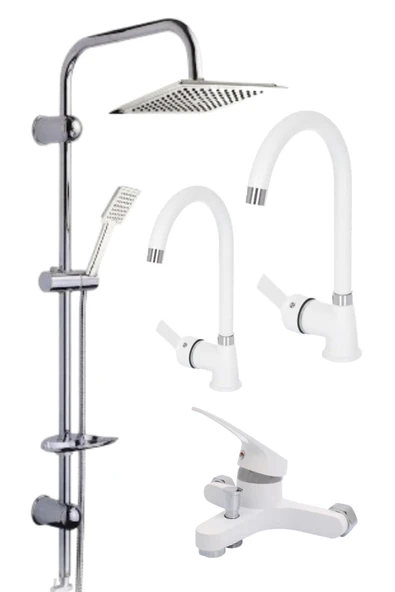 ESORA Krom Dubai Robot Duş Seti , Beyaz Krom Delta Eviye , Lavabo , Banyo Bataryası 4’lü Set - 1