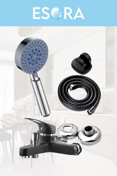 ESORA SİYAH BANYO BATARYASI DUŞ BAŞLIĞI HORTUMU VE MAFSALI SET - Resim 2