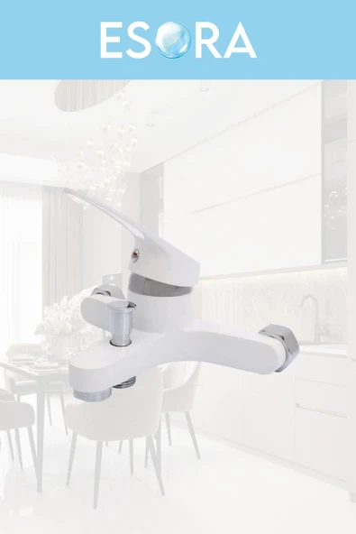 ESORA Siyah Robot Duş Seti , Beyaz Oynar Borulu Eviye , Baston Lavabo , Banyo Bataryası 4’lü Set - Resim 6