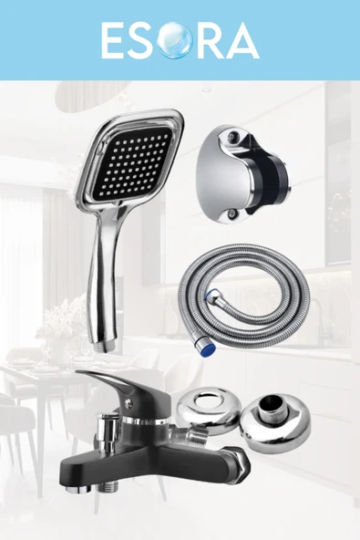ESORA SİYAH BANYO BATARYASI DUŞ BAŞLIĞI HORTUMU VE MAFSALI SET - Resim 2