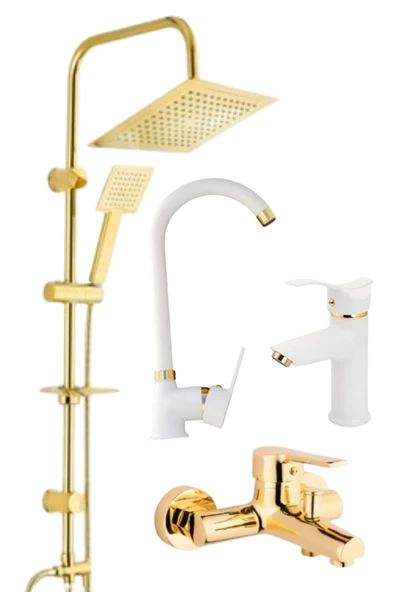 ESORA Gold Kare Robot Duş Seti , Beyaz Gold Eviye , Sabit Lavabo , Gold Banyo Bataryası 4’lü Set ürün görseli 1