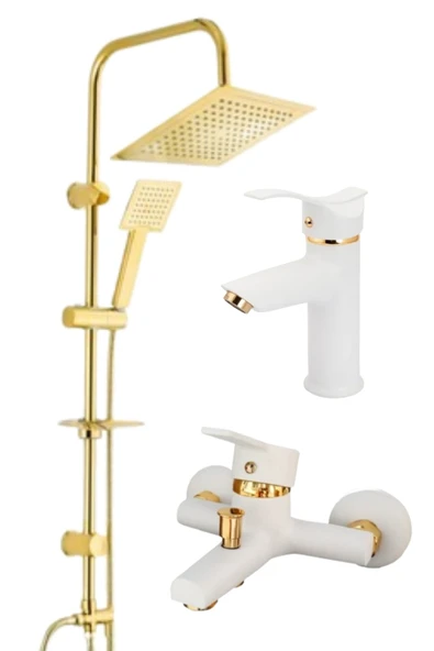 ESORA Gold Kare Robot Duş Seti , Beyaz Gold Sabit Lavabo , Banyo Bataryası 3’lü Set ürün görseli 1