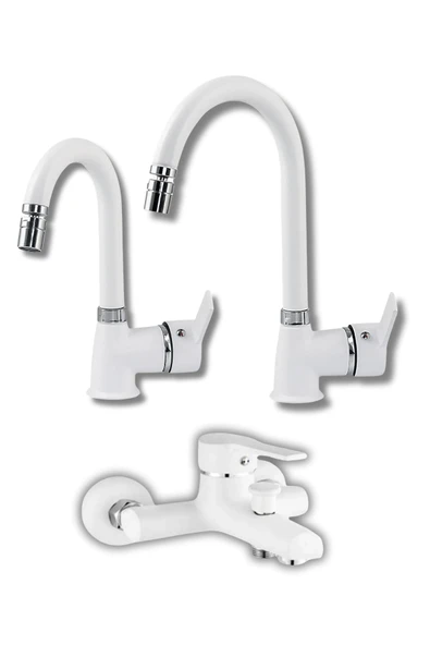 ESORA Beyaz Krom Baston Borulu Eviye Mutfak , Lavabo , Banyo Bataryası 3'lü Set - 1