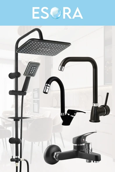 ESORA Siyah Robot Duş Set Köşe Borulu Eviye, Baston Borulu Lavabo ve Banyo Bataryası 4lü Set ürün görseli
