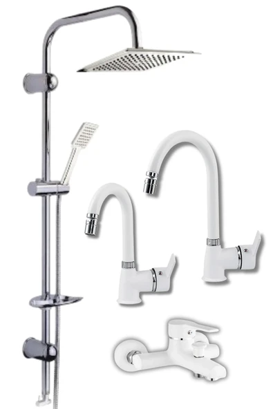 ESORA Krom Dubai Robot Duş Seti , Beyaz Delta Eviye , Lavabo , Banyo Bataryası 4’lü Set - 1