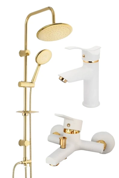 ESORA Gold Yuvarlak Robot Duş Seti , Beyaz Gold Sabit Lavabo , Banyo Bataryası 3’lü Set ürün görseli