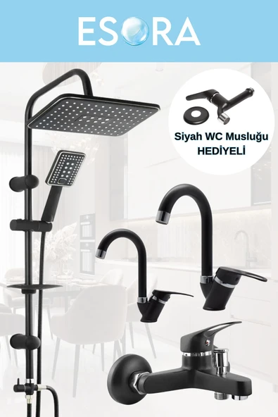 ESORA Siyah Robot Duş Seti  Banyo Bataryası 4’lü Set + WC Musluğu