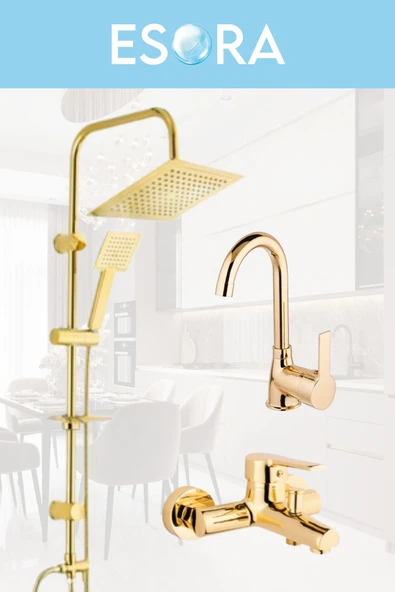 ESORA Gold Kare Robot Duş Seti , Lavabo , Banyo Bataryası 3’lü Set