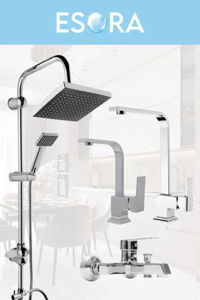 ESORA Krom Robot Duş Seti , Lüx Kare Eviye , Lavabo , Banyo Bataryası 4’lü Set - 2