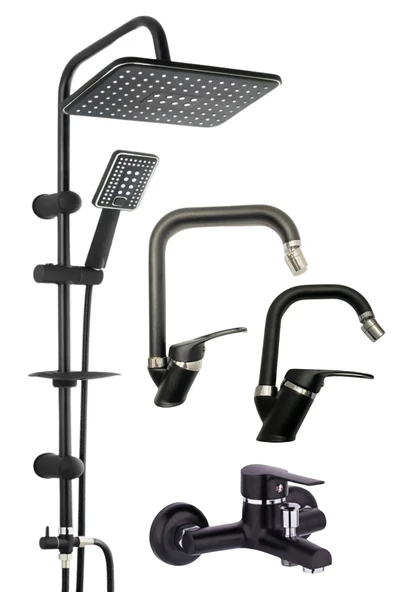 ESORA Siyah Robot Duş Seti , Siyah Krom Oynar Uçlu Eviye , Lavabo , Banyo Bataryası 4’lü Set - 1