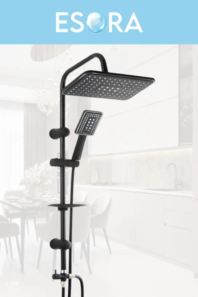 ESORA Siyah Robot Duş Set Köşe Borulu Oynar Başlıklı Eviye Balık Sırtı Lavabo ve Banyo Bataryası 4lü Set - Resim 2