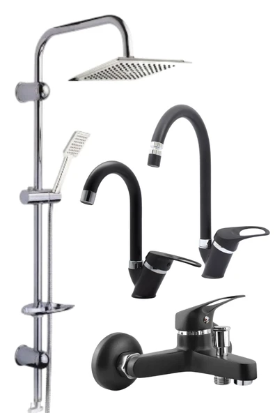 ESORA Krom Dubai Robot Duş Seti , Siyah Krom Mix Eviye , Lavabo , Banyo Bataryası 4’lü Set ürün görseli 1