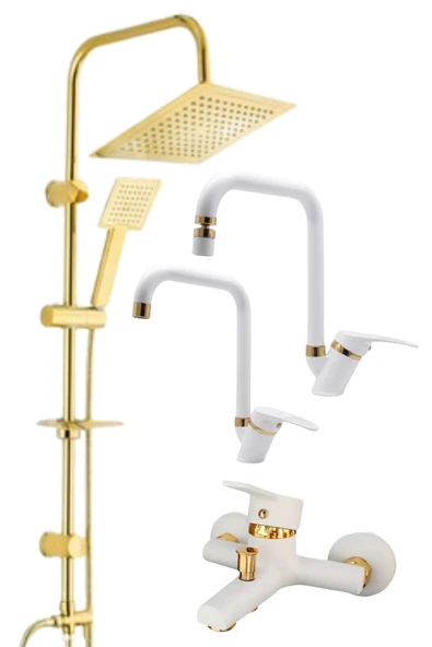 ESORA Gold Kare Robot Duş Seti , Beyaz Gold Köşe Borulu Eviye , Lavabo , Banyo Bataryası 4’lü Set ürün görseli