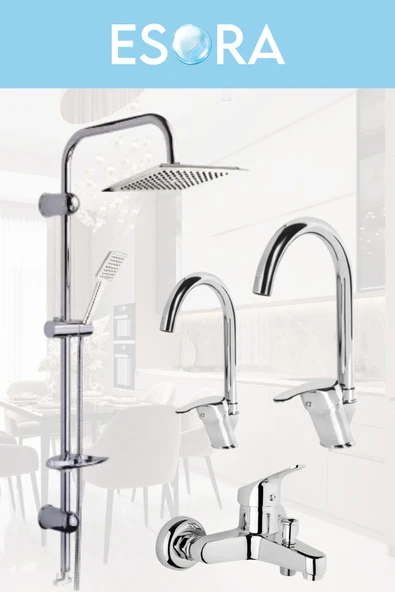 ESORA Dubai Krom Robot Duş Seti , Baston Eviye , Lavabo , Banyo Bataryası 4’lü Set