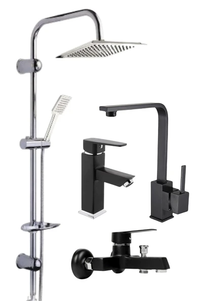 ESORA Dubai Krom Robot Duş Seti , Siyah Lüx Kare Eviye , Sabit Lavabo , Banyo Bataryası 4’lü Set ürün görseli 1