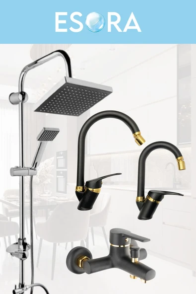 ESORA Krom Siyah Robot Duş Seti , Siyah Gold Oynar Uçlu Eviye , Lavabo , Banyo Bataryası 4’lü Set
