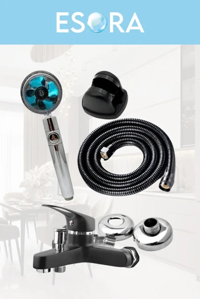 ESORA SİYAH BANYO BATARYASI DUŞ BAŞLIĞI HORTUMU VE MAFSALI SET - 2