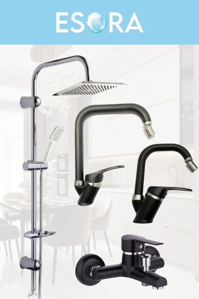 ESORA Krom Dubai Robot Duş Seti , Siyah Krom Oynar Uçlu Eviye , Lavabo , Banyo Bataryası 4’lü Set