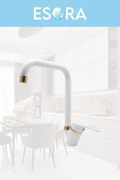 ESORA Dubai Krom Robot Duş Seti , Beyaz Gold Köşe Borulu Eviye , Lavabo , Banyo Bataryası 4’lü Set - Resim 5