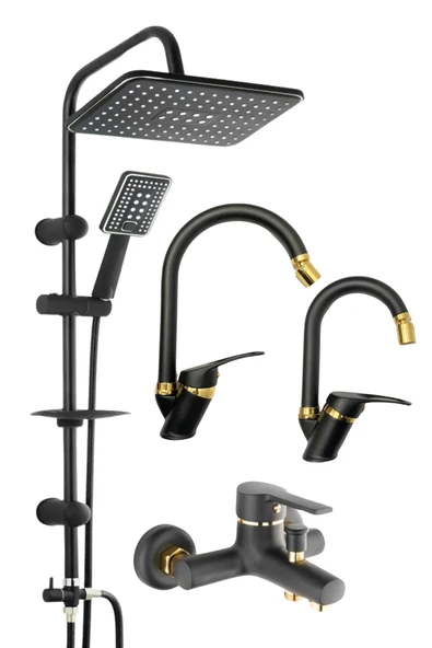 ESORA Siyah Robot Duş Seti , Siyah Gold Oynar Uçlu Eviye , Lavabo , Banyo Bataryası 4’lü Set ürün görseli