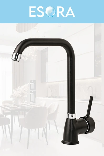 ESORA Siyah Robot Duş Set Köşe Borulu Eviye, Baston Borulu Lavabo ve Banyo Bataryası 4lü Set - Resim 3