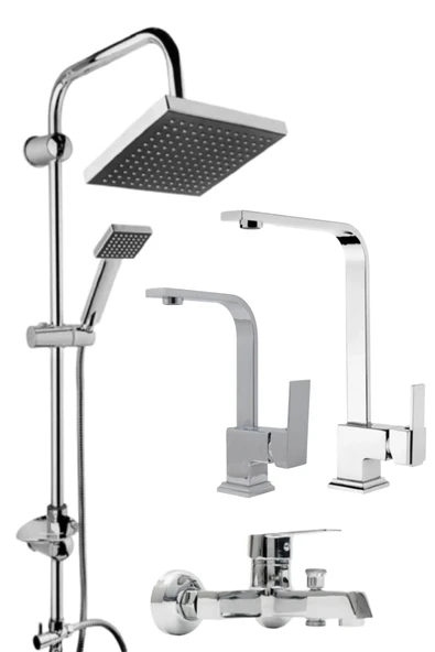 ESORA Krom Robot Duş Seti , Lüx Kare Eviye , Lavabo , Banyo Bataryası 4’lü Set - 1