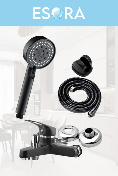 ESORA SİYAH BANYO BATARYASI DUŞ BAŞLIĞI HORTUMU VE MAFSALI SET
