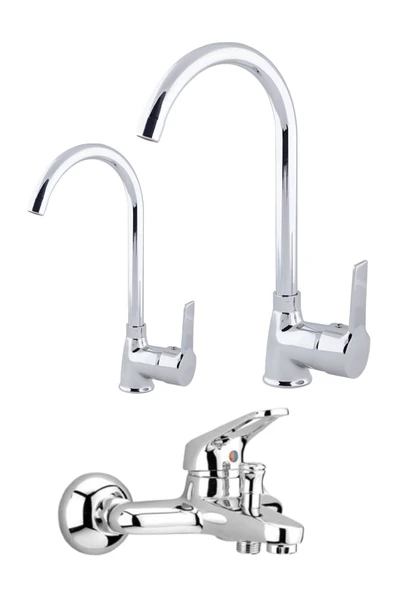 ESORA Krom Baston Borulu Eviye Mutfak , Lavabo , Banyo Bataryası 3'lü Set - 1