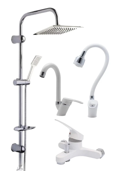 ESORA Dubai Krom Robot Duş Seti , Beyaz Oynar Borulu Eviye , Baston Lavabo , Banyo Bataryası 4’lü Set ürün görseli