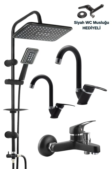 ESORA Siyah Robot Duş Seti  Banyo Bataryası 4’lü Set + WC Musluğu ürün görseli