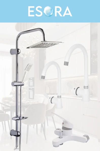 ESORA Krom Dubai Robot Duş Seti , Beyaz Krom Delta Eviye , Lavabo , Banyo Bataryası 4’lü Set - 2