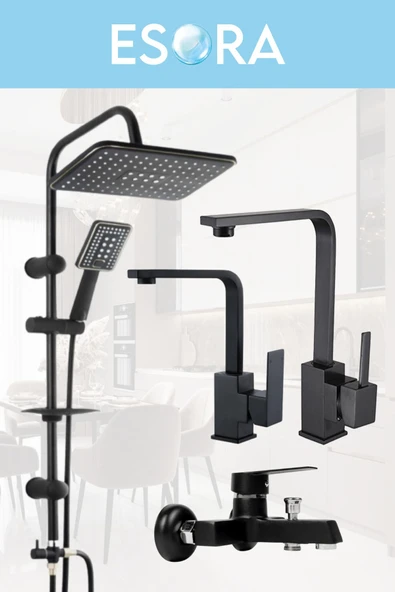 ESORA Siyah Lüx Robot Duş Seti , Lüx Kare Eviye , Lavabo , Banyo Bataryası 4’lü Set