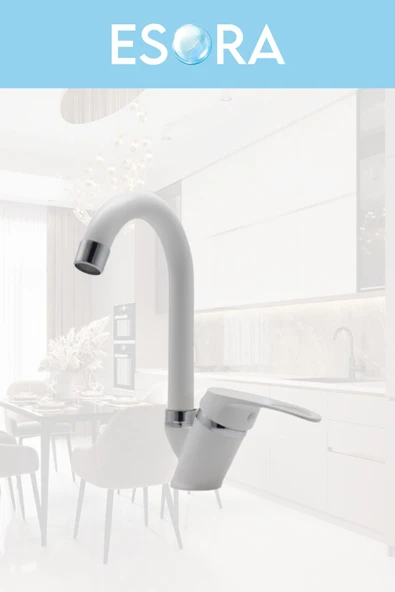 ESORA Siyah Robot Duş Seti , Beyaz Oynar Borulu Eviye , Baston Lavabo , Banyo Bataryası 4’lü Set - Resim 5