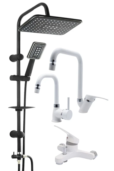 ESORA Siyah Robot Duş Seti , Beyaz Köşe Borulu Eviye , Lavabo , Banyo Bataryası 4’lü Set - 1