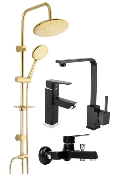 ESORA Gold Yuvarlak Robot Duş Seti , Siyah Lüx Kare Eviye , Sabit Lavabo , Banyo Bataryası 4’lü Set ürün görseli 1