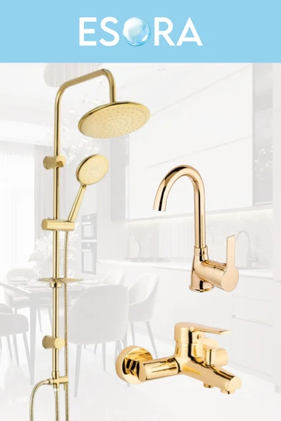 ESORA Gold Yuvarlak Robot Duş Seti , Lavabo , Banyo Bataryası 3’lü Set