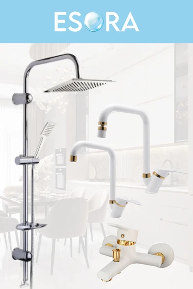 ESORA Dubai Krom Robot Duş Seti , Beyaz Gold Köşe Borulu Eviye , Lavabo , Banyo Bataryası 4’lü Set - Resim 2