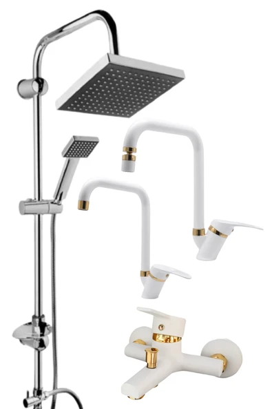 ESORA Krom Siyah Robot Duş Seti , Beyaz Gold Köşe Borulu Eviye , Lavabo , Banyo Bataryası 4’lü Set ürün görseli