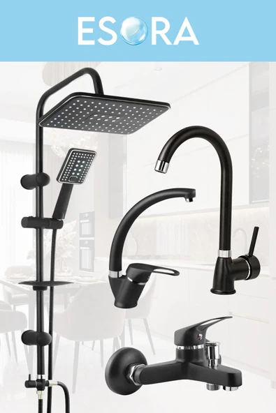 ESORA Siyah Robot Duş Seti Baston Borulu Eviye, Mix Lavabo ve Banyo Bataryası 4lü Set