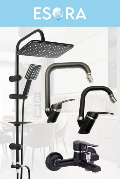 ESORA Siyah Robot Duş Seti , Siyah Krom Oynar Uçlu Eviye , Lavabo , Banyo Bataryası 4’lü Set - 2
