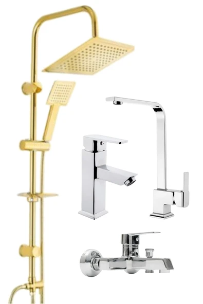 ESORA Gold Kare Robot Duş Seti , Krom Lüx Kare Eviye , Sabit Lavabo , Banyo Bataryası 4’lü Set ürün görseli