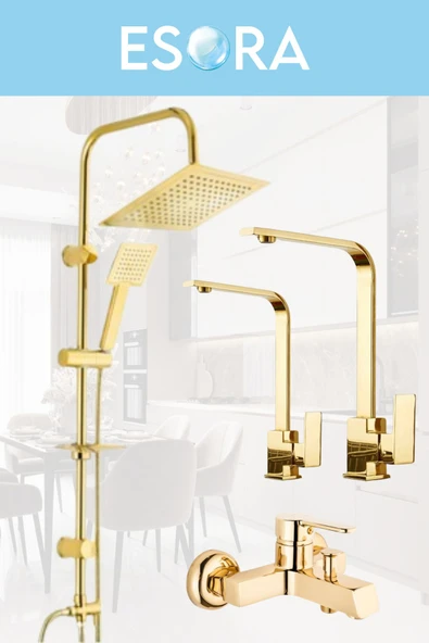 ESORA Gold Kare Robot Duş Seti, Kare Banyo, Mutfak Eviye Ve Lavabo Bataryası Musluğu 4'lü Set
