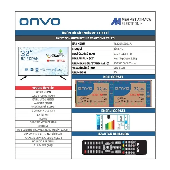 Onvo  OV32150 32'' 82 Ekran Uydu Alıcılı HD Android Smart LED TV - Resim 3