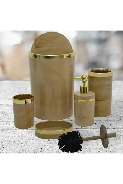Akrilik Yuvarlak 5 Parça Mermer Desen Banyo Seti gold